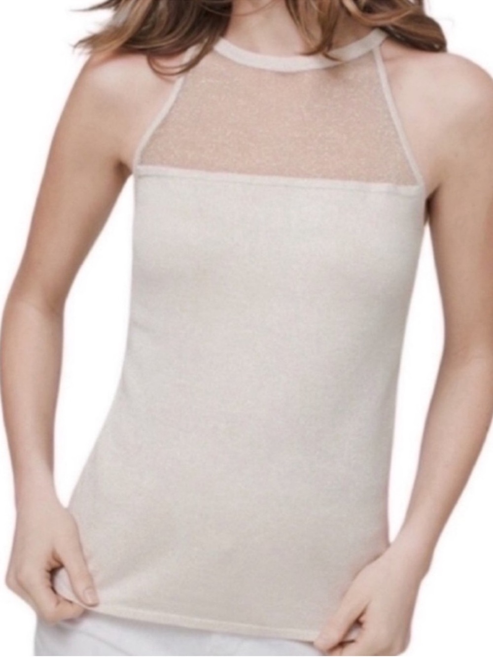 NEW WHBM Shimmering Illusion Neckline Tank Top Metallic Threads Cream Size M